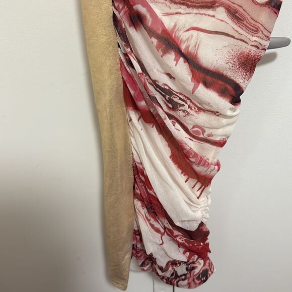 Jean Paul Gaultier Soleil 90’s Mesh Ruched Dress with Gold & Abstract Pattern. - Picture 3 of 9